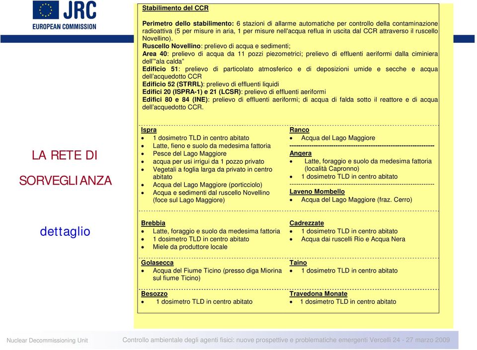 Ruscello Novellino: prelievo di acqua e sedimenti; Area 40: prelievo di acqua da 11 pozzi piezometrici; prelievo di effluenti aeriformi dalla ciminiera dell ala calda Edificio 51: prelievo di