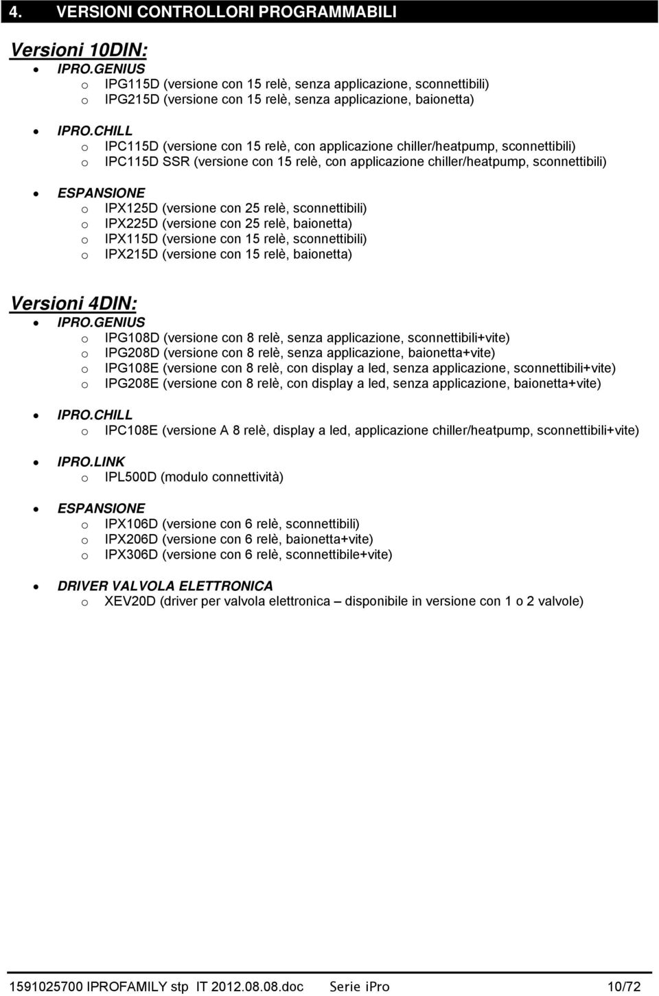 CHILL o IPC115D (versione con 15 relè, con applicazione chiller/heatpump, sconnettibili) o IPC115D SSR (versione con 15 relè, con applicazione chiller/heatpump, sconnettibili) ESPANSIONE o IPX125D