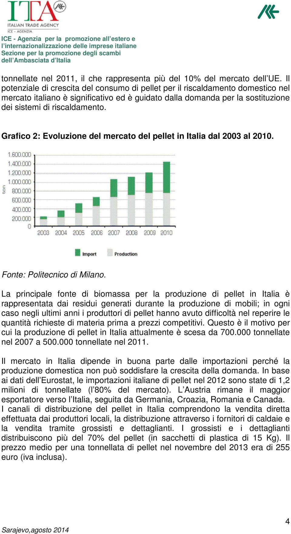 Grafico 2: Evoluzione del mercato del pellet in Italia dal 2003 al 2010. Fonte: Politecnico di Milano.