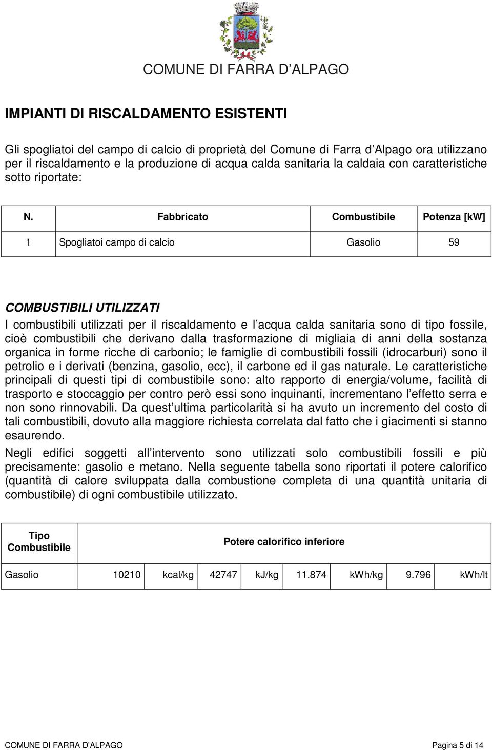 Fabbricato Combustibile Potenza [kw] 1 Spogliatoi campo di calcio Gasolio 59 COMBUSTIBILI UTILIZZATI I combustibili utilizzati per il riscaldamento e l acqua calda sanitaria sono di tipo fossile,