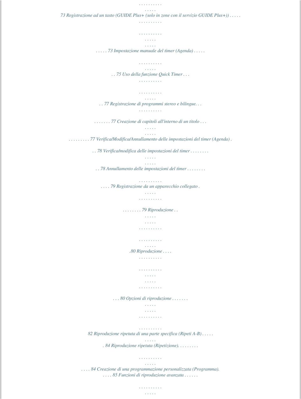 .. 78 Verifica/modifica delle impostazioni del timer..... 78 Annullamento delle impostazioni del timer....... 79 Registrazione da un apparecchio collegato.... 79 Riproduzione...80 Riproduzione.