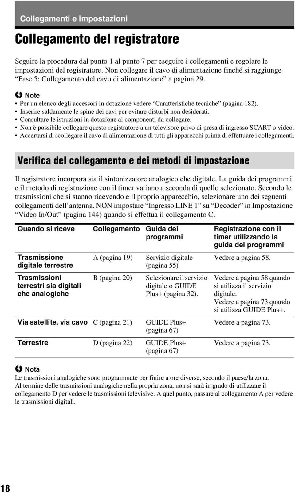 b Note Per un elenco degli accessori in dotazione vedere Caratteristiche tecniche (pagina 182). Inserire saldamente le spine dei cavi per evitare disturbi non desiderati.