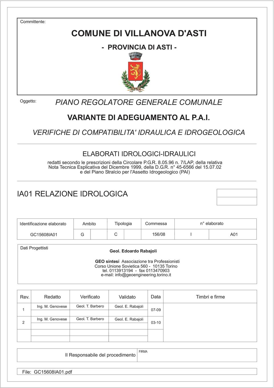 02 e del Piano Stralcio per l'assetto Idrogeologico (PAI) IA01 Identificazione elaborato Ambito Tipologia Commessa n elaborato GC15608IA01 G C 156/08 I A01 Dati Progettisti Geol.