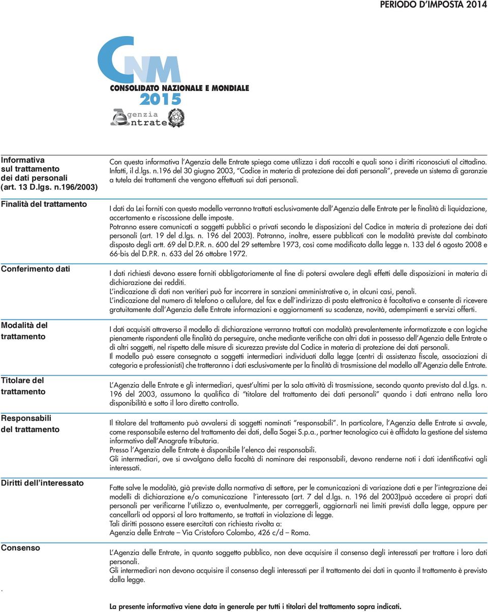 9/00) Finalità del trattamento Conferimento dati Modalità del trattamento Titolare del trattamento Responsabili del trattamento Diritti dellʼinteressato Consenso.