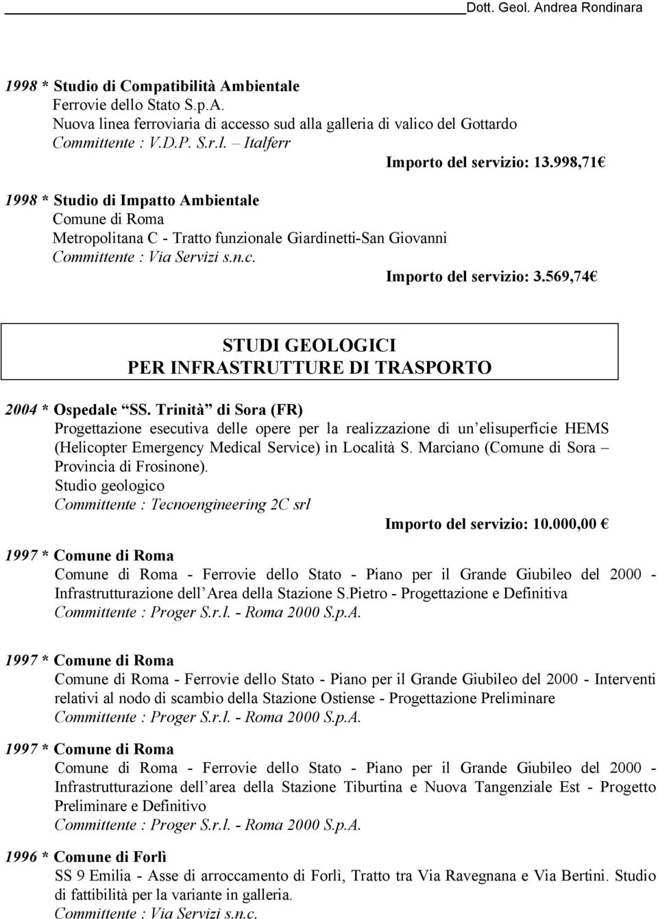 569,74 STUDI GEOLOGICI PER INFRASTRUTTURE DI TRASPORTO 2004 * Ospedale SS.