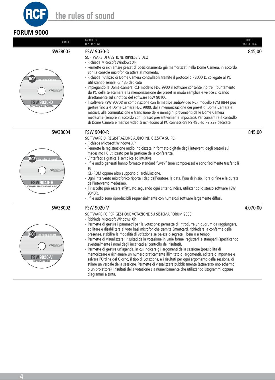 - Richiede l utilizzo di Dome Camera controllabili tramite il protocollo PELCO D, collegate al PC utilizzando seriale RS 485 dedicata - Impiegando le Dome-Camera RCF modello FDC 9900 il software