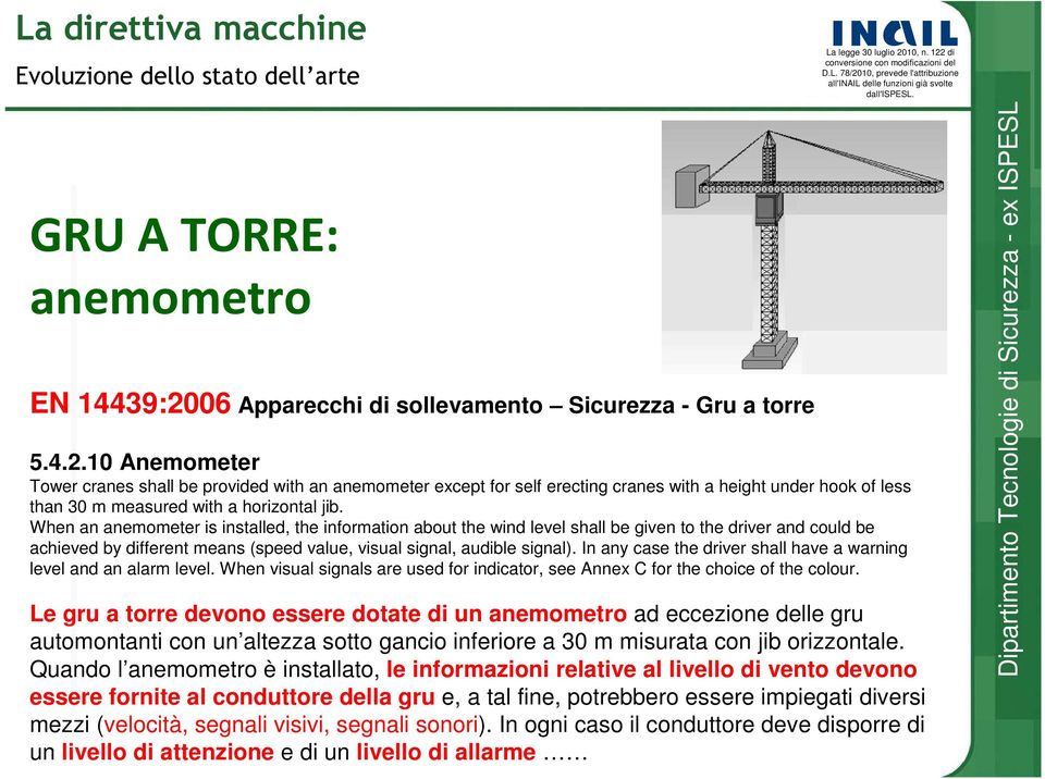 10 Anemometer Tower cranes shall be provided with an anemometer except for self erecting cranes with a height under hook of less than 30 m measured with a horizontal jib.
