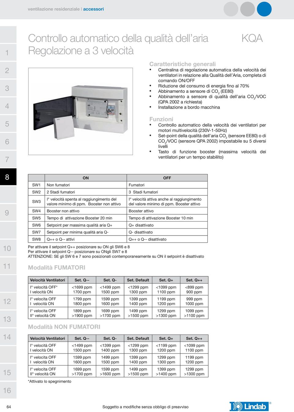 di comando ON/OFF Riduzione del consumo di energia fino al 0% Abbinamento a sensore di CO (EE0) Abbinamento a sensore di qualità dell aria CO /VOC (QPA 00 a richiesta) Installazione a bordo macchina