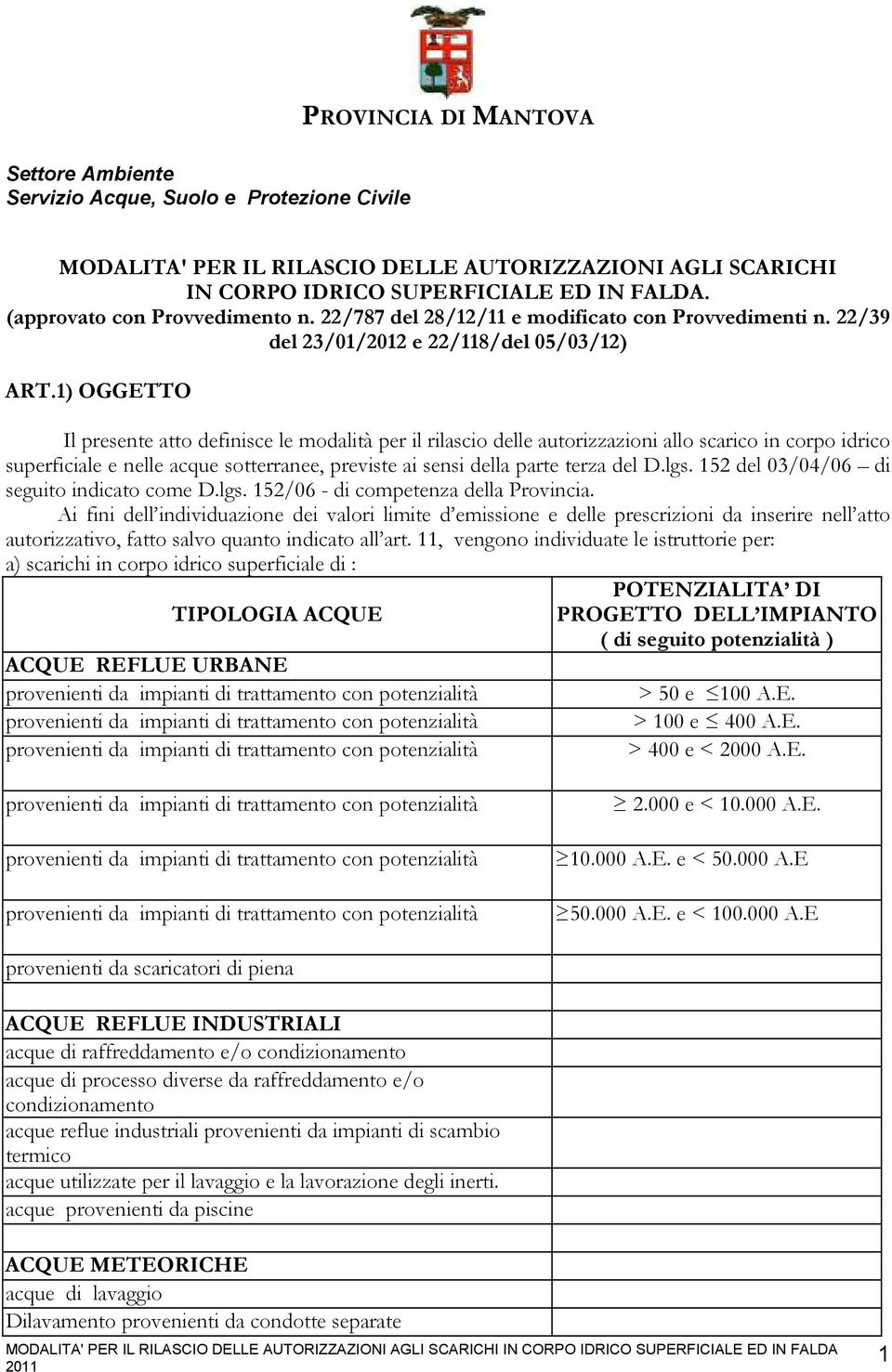 1) OGGETTO Il presente atto definisce le modalità per il rilascio delle autorizzazioni allo scarico in corpo idrico superficiale e nelle acque sotterranee, previste ai sensi della parte terza del D.