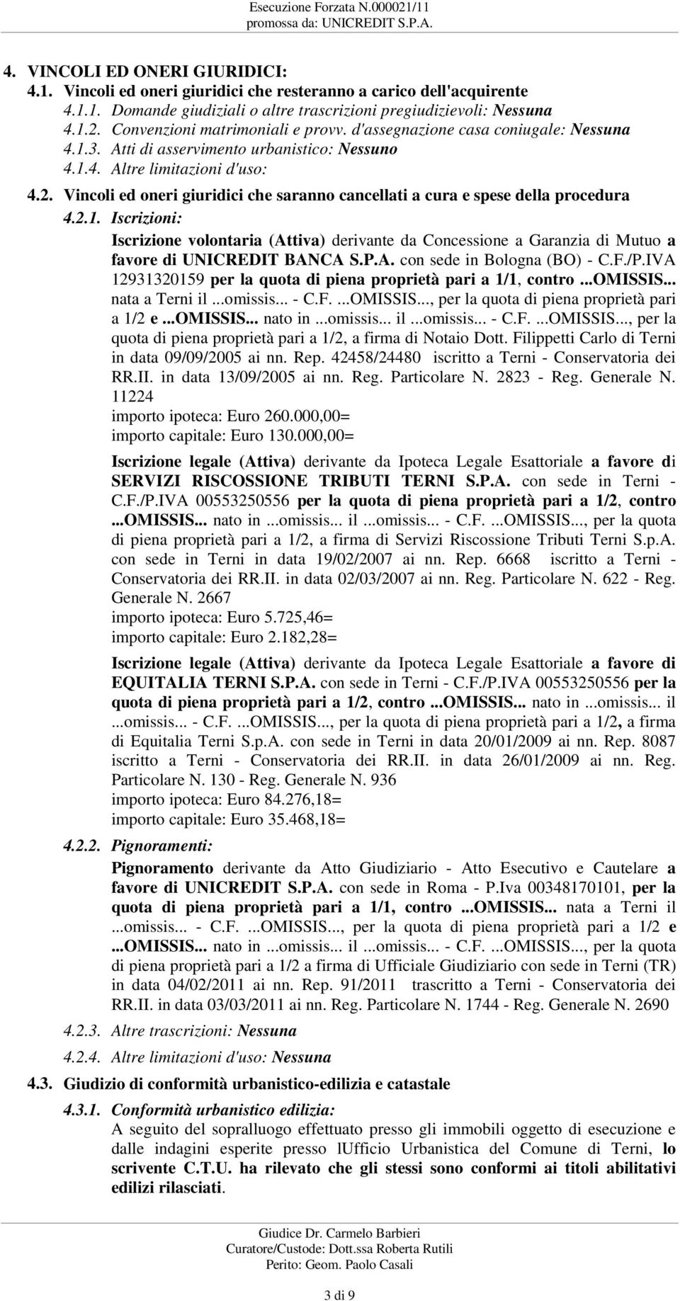 2.1. Iscrizioni: Iscrizione volontaria (Attiva) derivante da Concessione a Garanzia di Mutuo a favore di UNICREDIT BANCA S.P.A. con sede in Bologna (BO) - C.F./P.