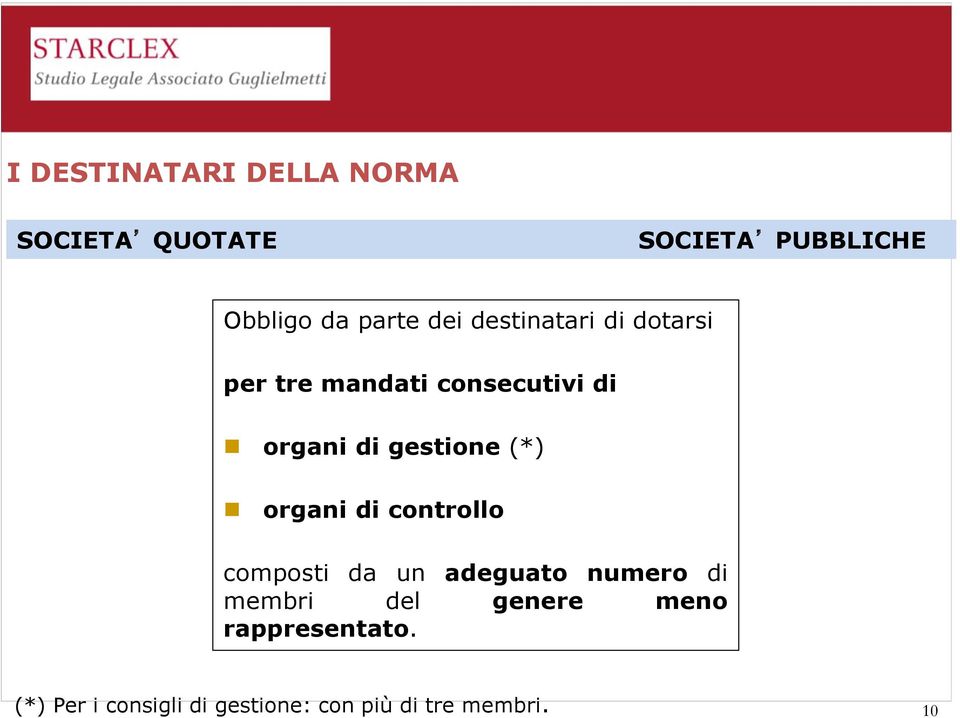 (*) organi di controllo composti da un adeguato numero di membri del genere