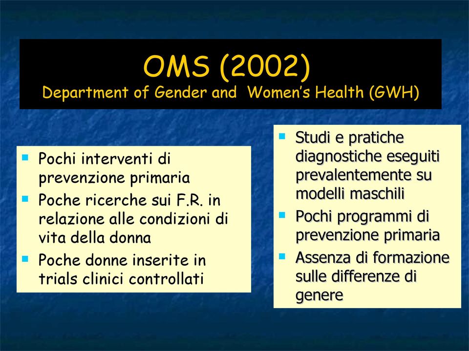 in relazione alle condizioni di vita della donna Poche donne inserite in trials clinici