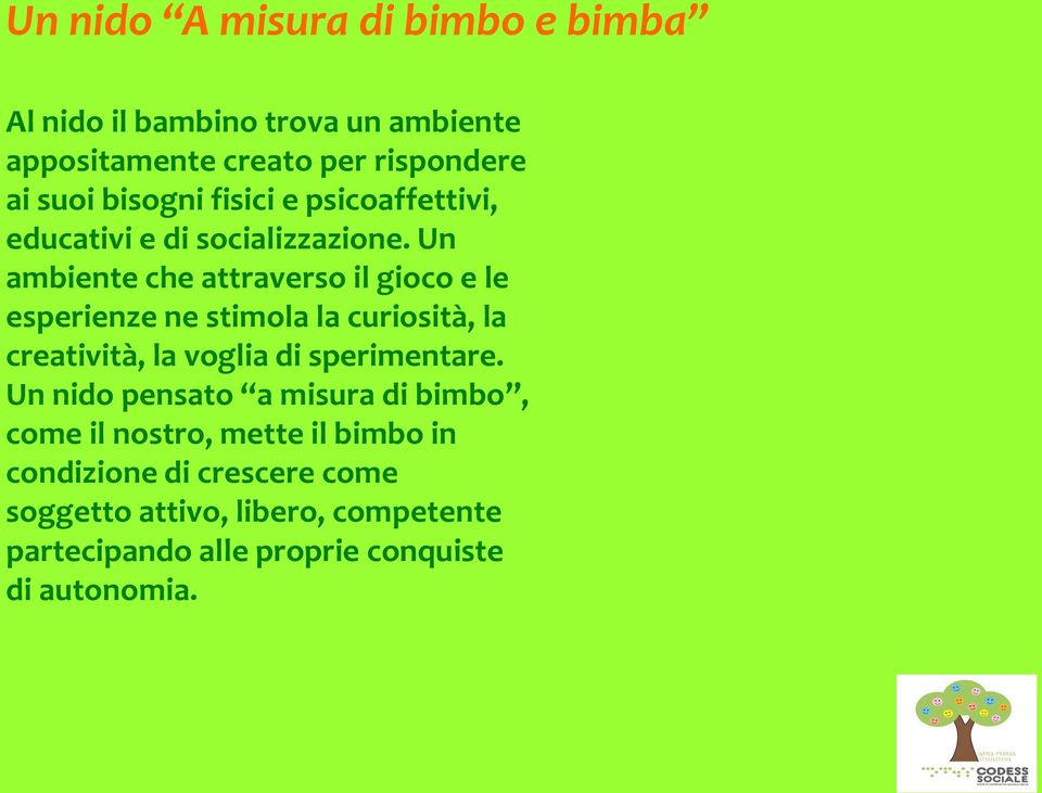 Un ambiente che attraverso il gioco e le esperienze ne stimola la curiosità, la creatività, la voglia di sperimentare.