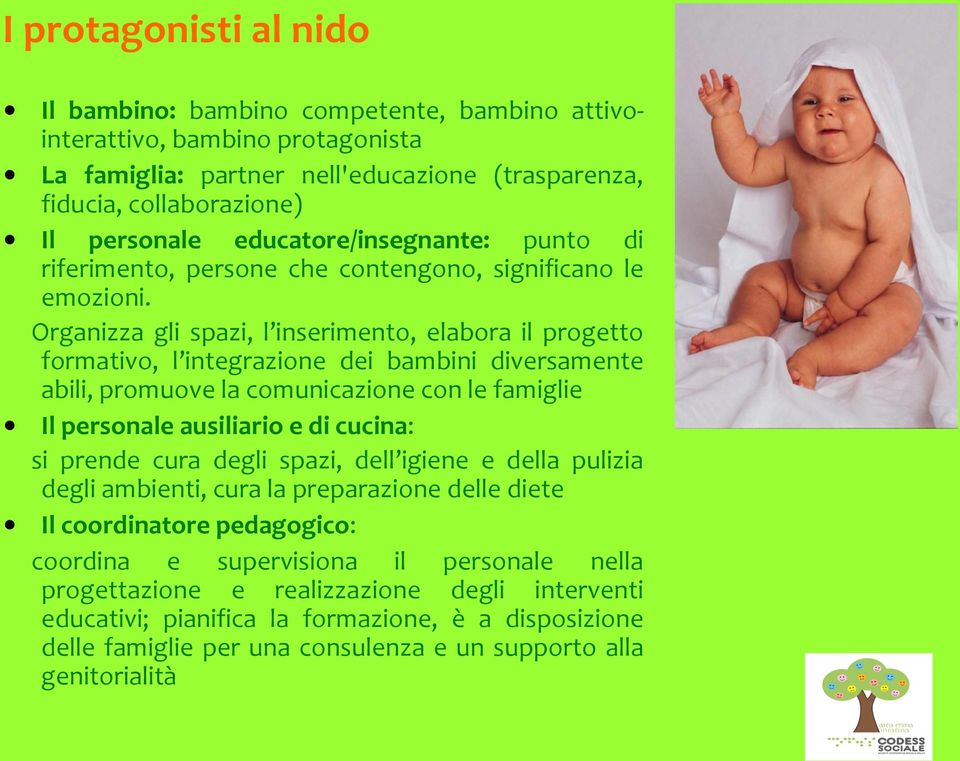 Organizza gli spazi, l inserimento, elabora il progetto formativo, l integrazione dei bambini diversamente abili, promuove la comunicazione con le famiglie Il personale ausiliario e di cucina: si