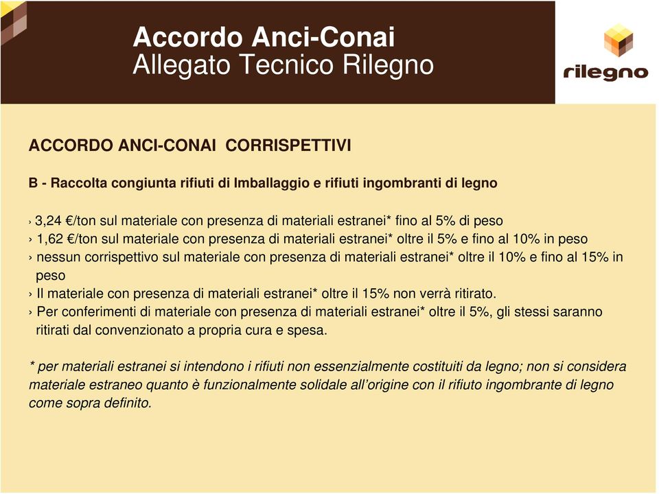 estranei* oltre il 10% e fino al 15% in peso Il materiale con presenza di materiali estranei* oltre il 15% non verrà ritirato.