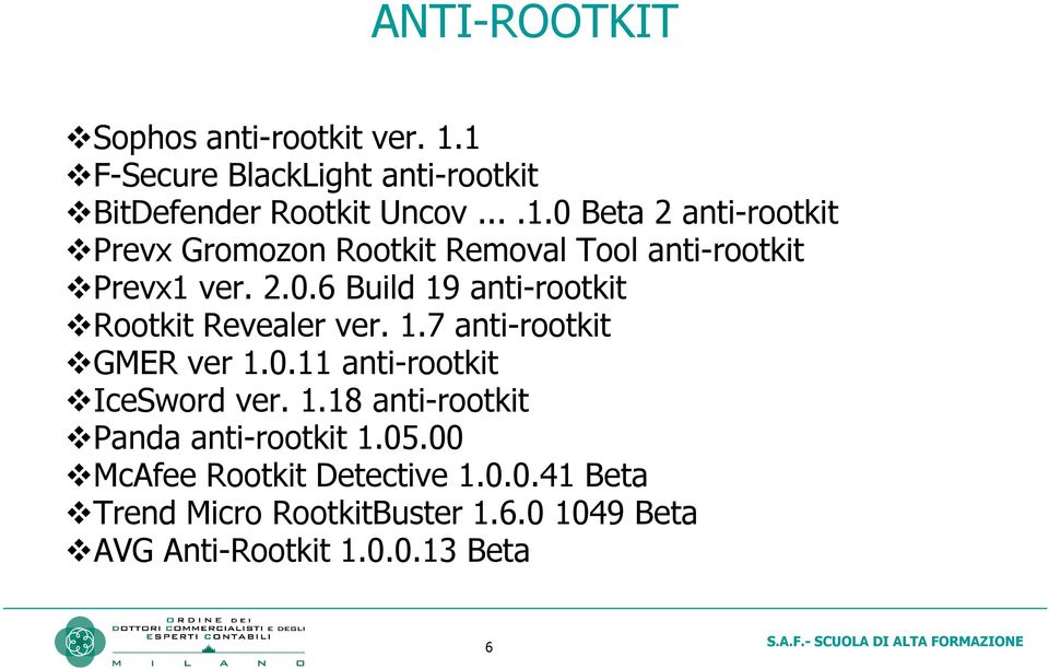 2.0.6 Build 19 anti-rootkit Rootkit Revealer ver. 1.7 anti-rootkit GMER ver 1.0.11 anti-rootkit IceSword ver. 1.18 anti-rootkit Panda anti-rootkit 1.