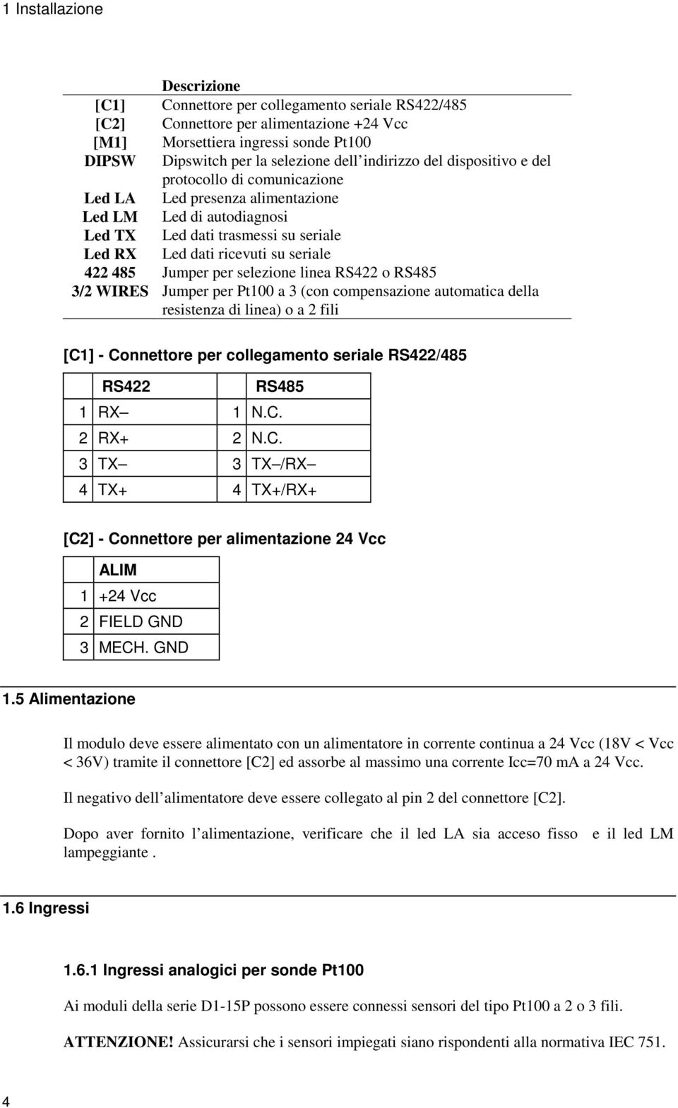 485 Jumper per selezione linea RS422 o RS485 3/2 WIRES Jumper per Pt100 a 3 (con compensazione automatica della resistenza di linea) o a 2 fili [C1] - Connettore per collegamento seriale RS422/485