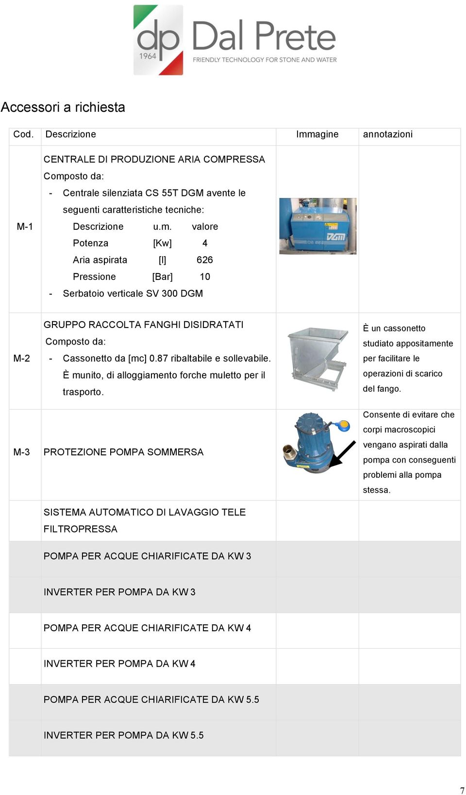 valore Potenza [Kw] 4 Aria aspirata [l] 626 Pressione [Bar] 10 - Serbatoio verticale SV 300 DGM M-2 GRUPPO RACCOLTA FANGHI DISIDRATATI - Cassonetto da [mc] 0.87 ribaltabile e sollevabile.