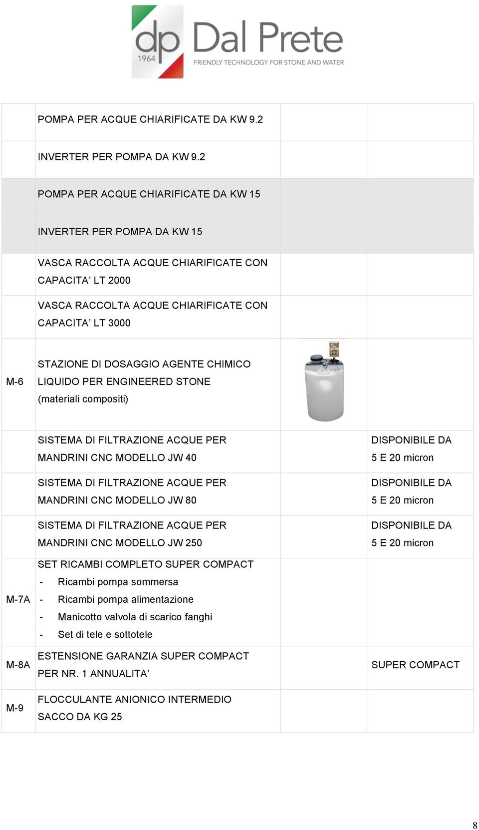 DOSAGGIO AGENTE CHIMICO LIQUIDO PER ENGINEERED STONE (materiali compositi) SISTEMA DI FILTRAZIONE ACQUE PER MANDRINI CNC MODELLO JW 40 SISTEMA DI FILTRAZIONE ACQUE PER MANDRINI CNC MODELLO JW 80