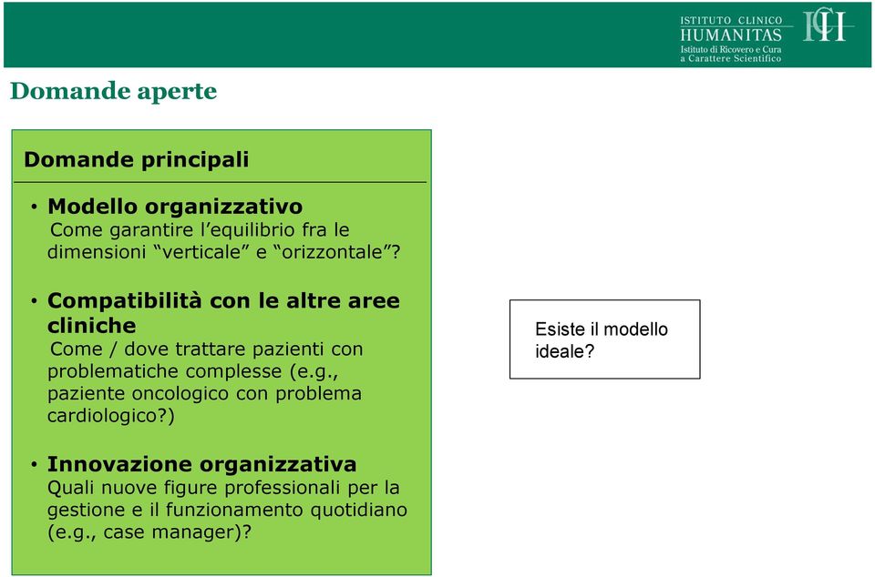 Compatibilità con le altre aree cliniche Come / dove trattare pazienti con problematiche complesse (e.g.