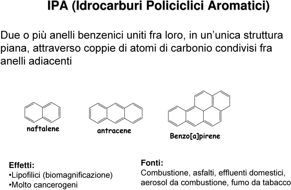 adiacenti naftalene antracene Benzo[a]pirene Effetti: Lipofilici (biomagnificazione) Molto