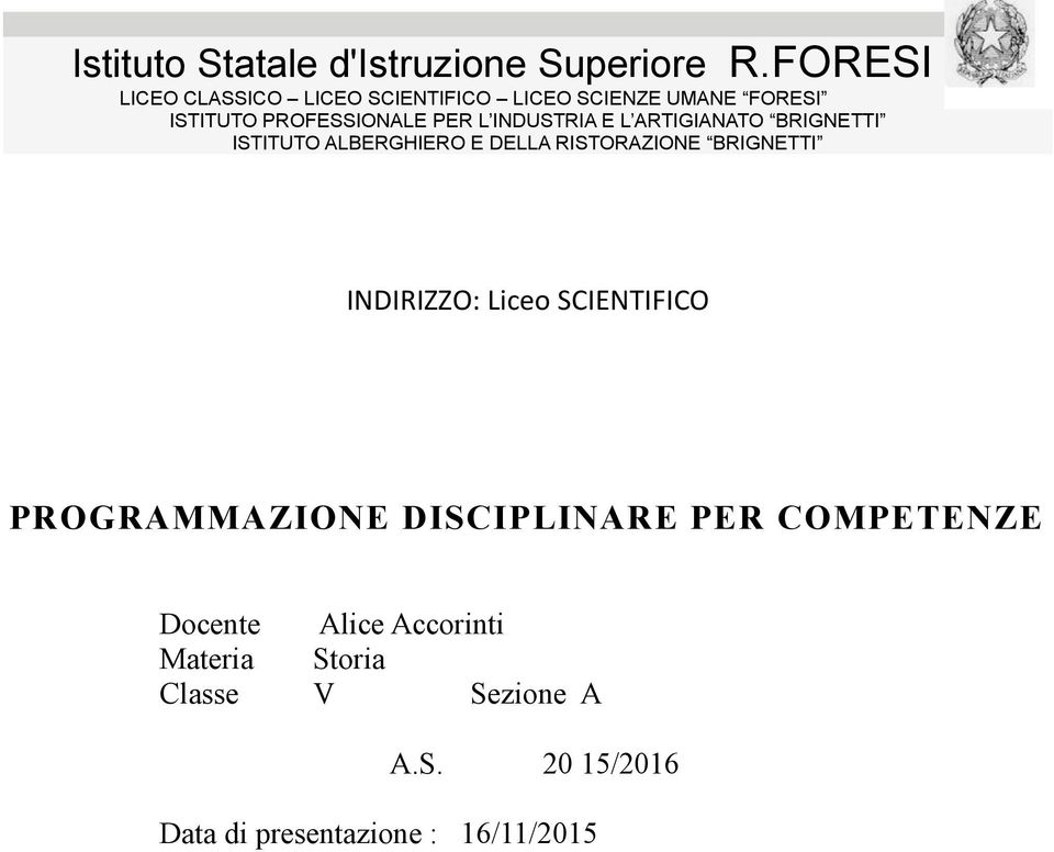 INDUSTRIA E L ARTIGIANATO BRIGNETTI ISTITUTO ALBERGHIERO E DELLA RISTORAZIONE BRIGNETTI INDIRIZZO: