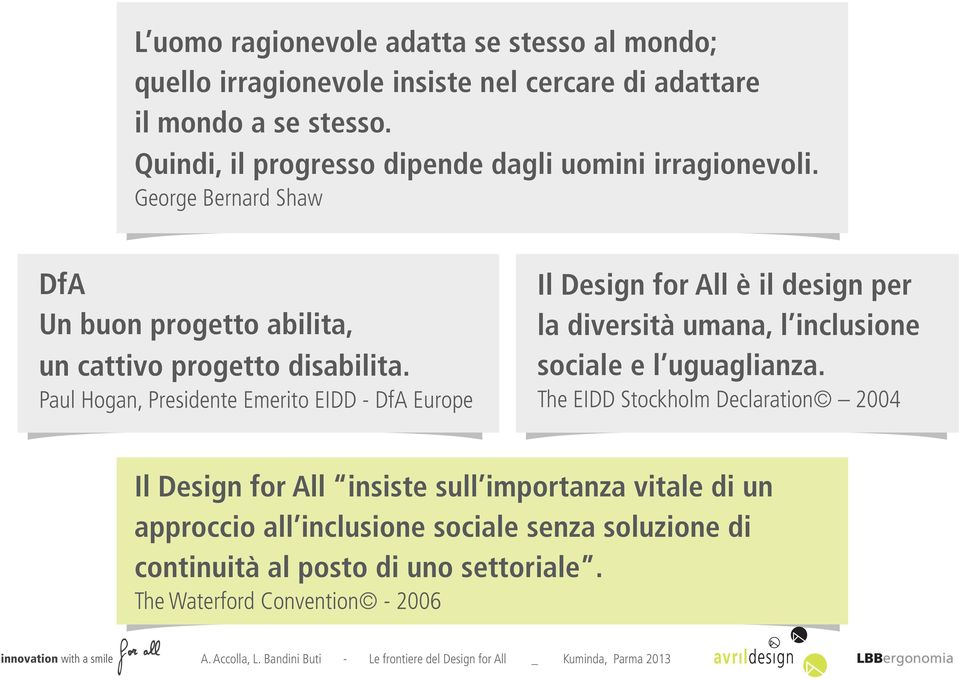 Paul Hogan, Presidente Emerito EIDD - DfA Europe Il Design for All è il design per la diversità umana, l inclusione sociale e l uguaglianza.