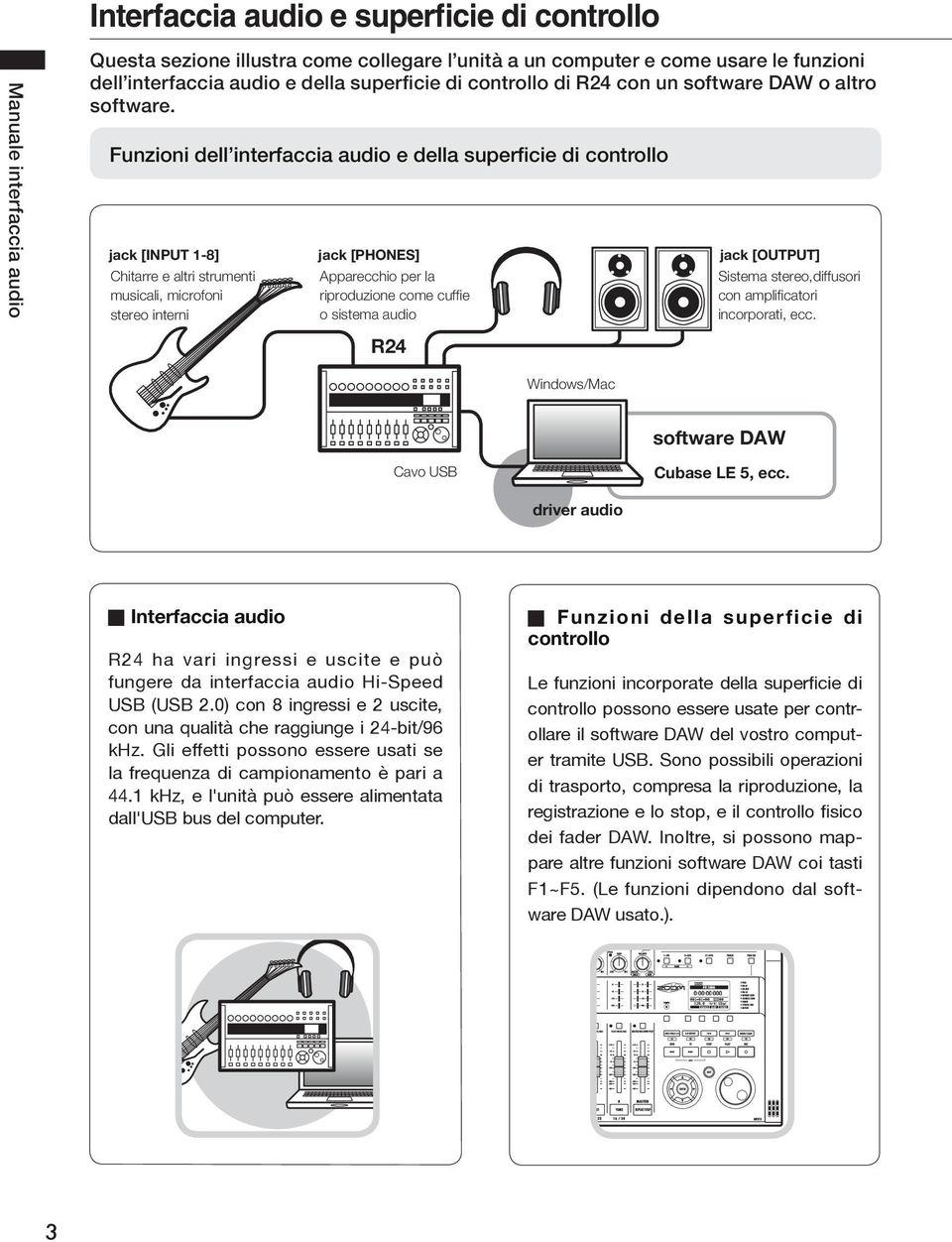 Funzioni dell interfaccia audio e della superficie di controllo jack [INPUT 1-8] Chitarre e altri strumenti musicali, microfoni stereo interni jack [PHONES] Apparecchio per la riproduzione come