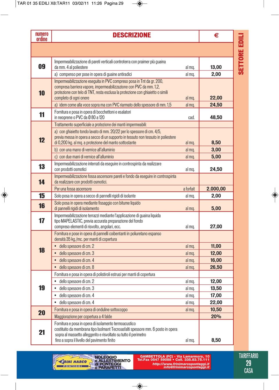 1,2, protezione con telo di TNT, resta esclusa la protezione con ghiaietto o simili completo di ogni onere al mq. 22,00 a) idem come alla voce sopra ma con PVC riarmato dello spessore di mm.