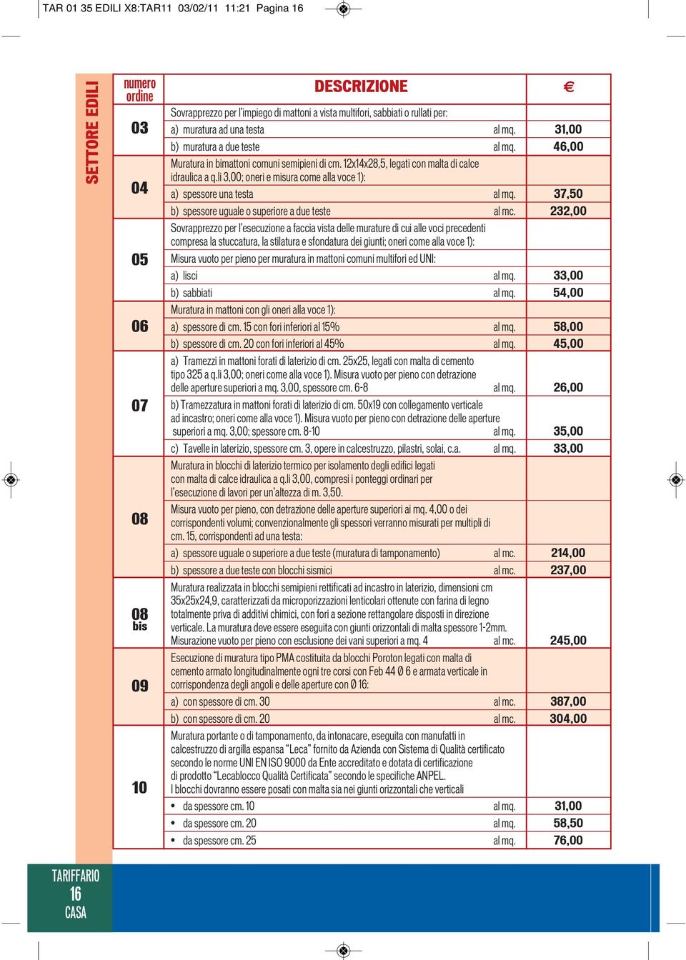 li 3,00; oneri e misura come alla voce 1): a) spessore una testa al mq. 37,50 b) spessore uguale o superiore a due teste al mc.