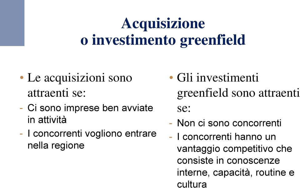 investimenti greenfield sono attraenti se: - Non ci sono concorrenti - I concorrenti