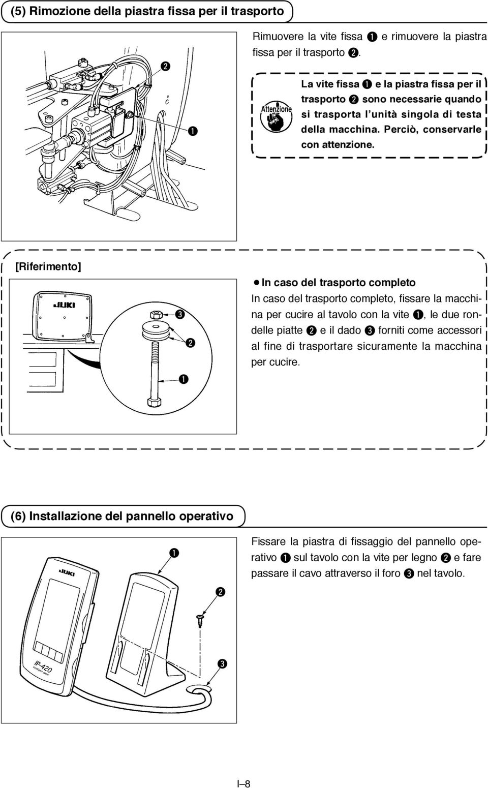 [Riferimento] In caso del trasporto completo In caso del trasporto completo, fissare la macchina per cucire al tavolo con la vite, le due rondelle piatte e il dado forniti come