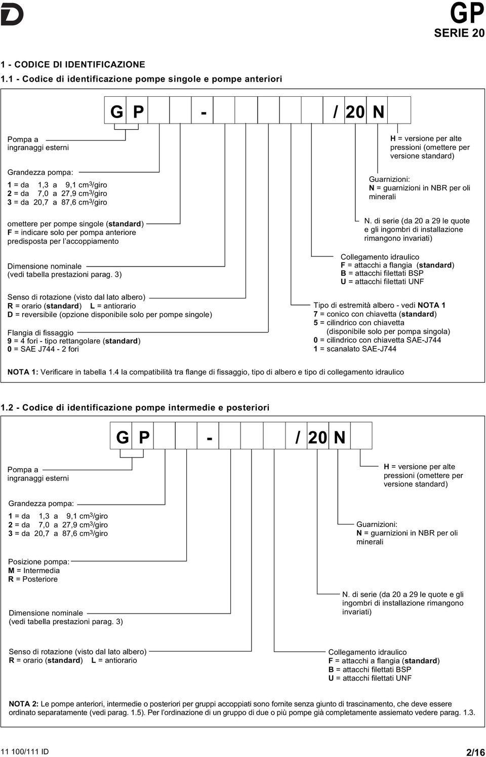 /giro omettere per pompe singole (standard) F = indicare solo per pompa anteriore predisposta per l accoppiamento Dimensione nominale (vedi tabella prestazioni parag.