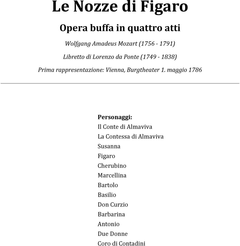 maggio 1786 Personaggi: Il Conte di Almaviva La Contessa di Almaviva Susanna Figaro
