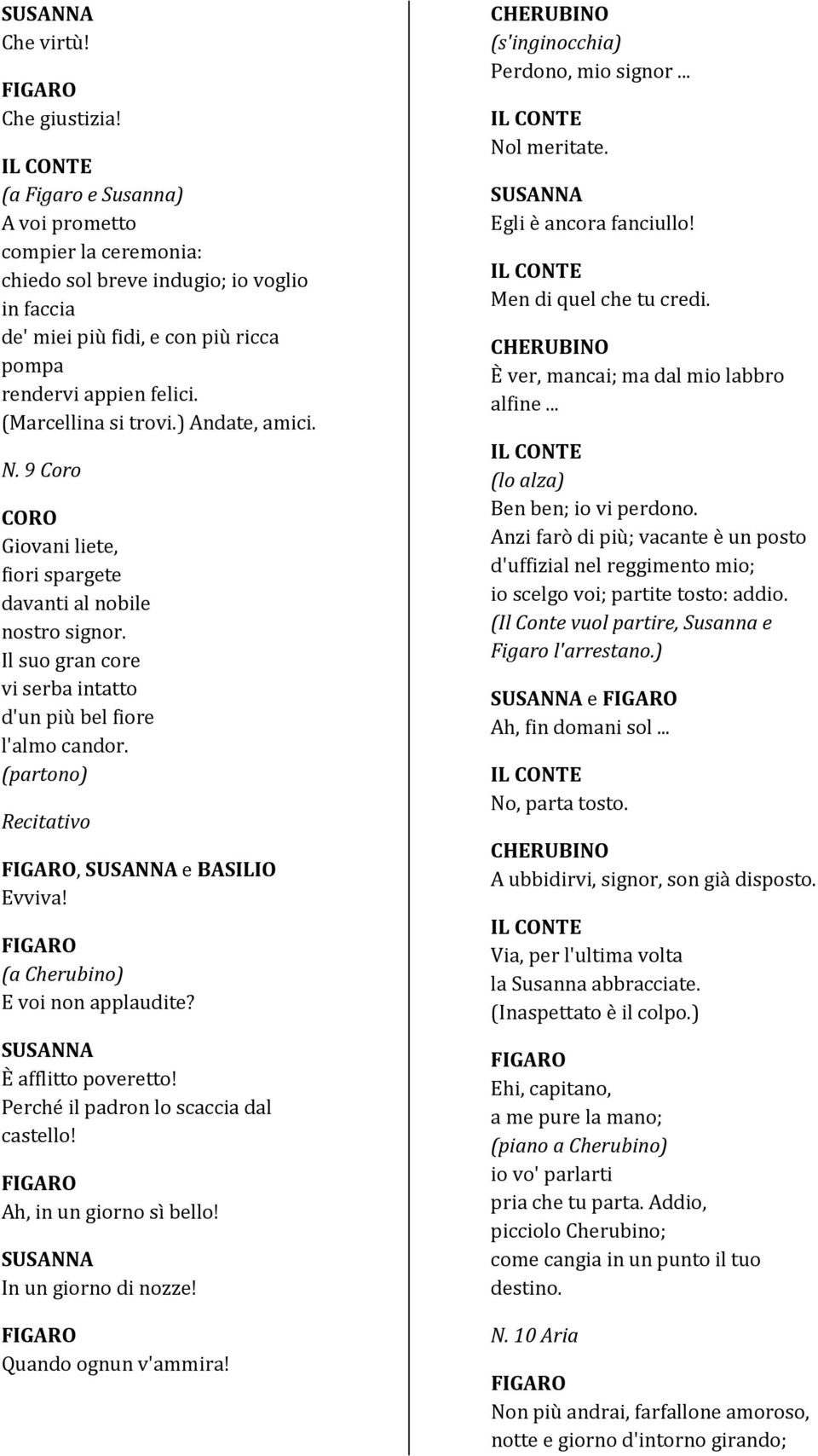 (partono), e BASILIO Evviva! (a Cherubino) E voi non applaudite? È afflitto poveretto! Perché il padron lo scaccia dal castello! Ah, in un giorno sì bello! In un giorno di nozze!