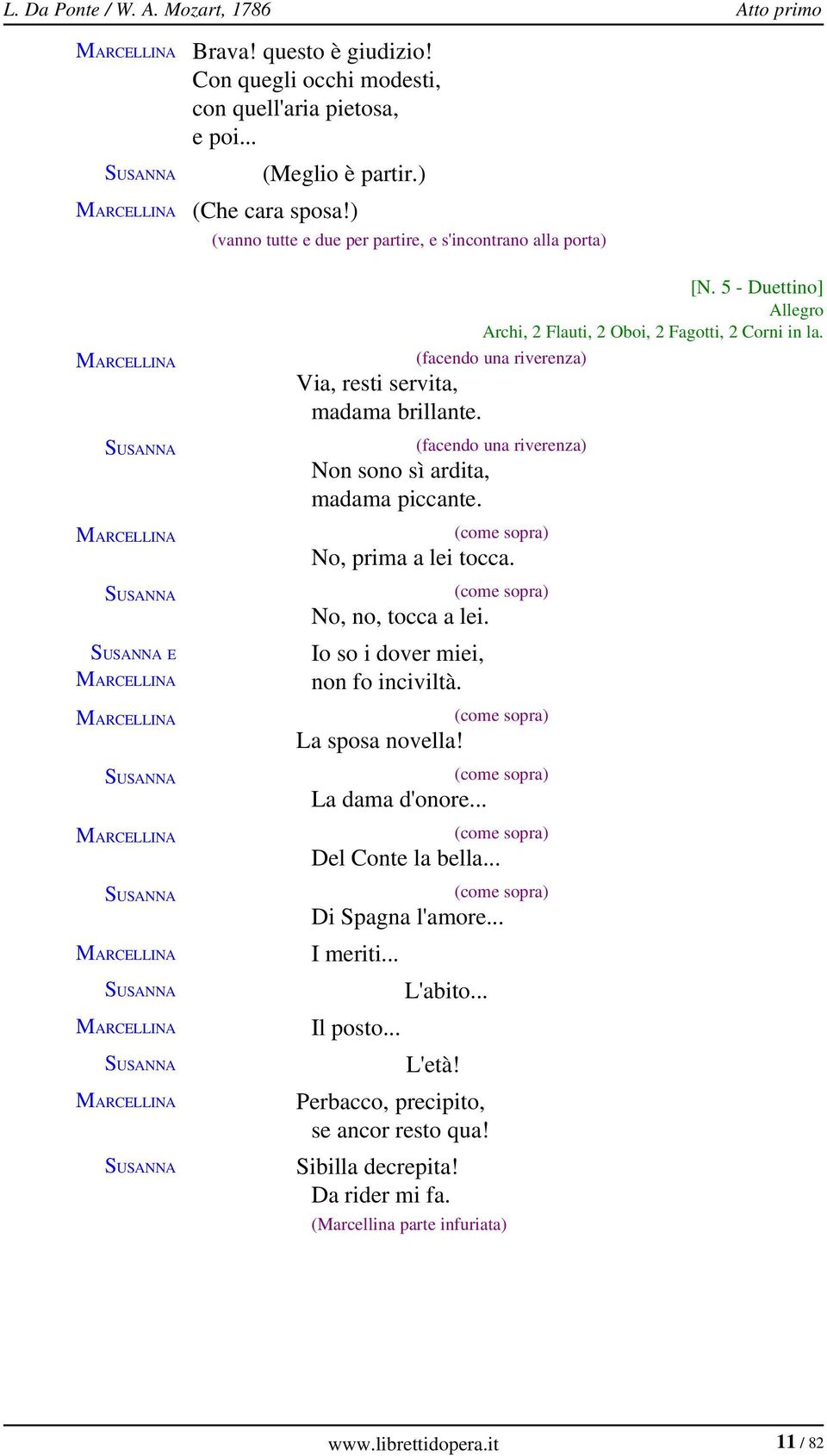 madama brillante. (facendo una riverenza) Non sono sì ardita, madama piccante. (come sopra) No, prima a lei tocca. (come sopra) No, no, tocca a lei. Io so i dover miei, non fo inciviltà.