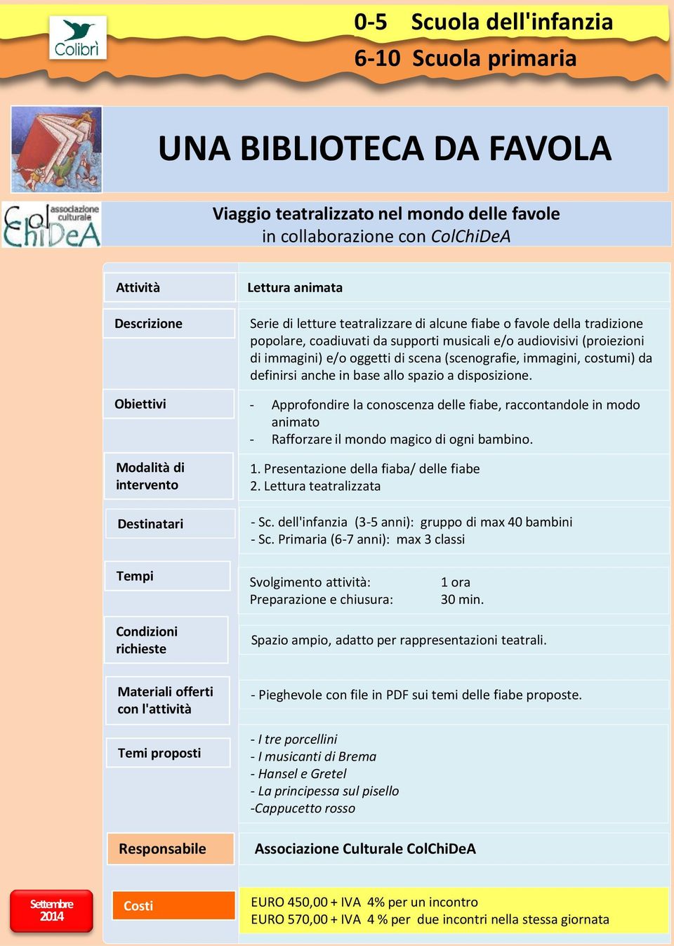 base allo spazio a disposizione. - Approfondire la conoscenza delle fiabe, raccontandole in modo animato - Rafforzare il mondo magico di ogni bambino. 1. Presentazione della fiaba/ delle fiabe 2.