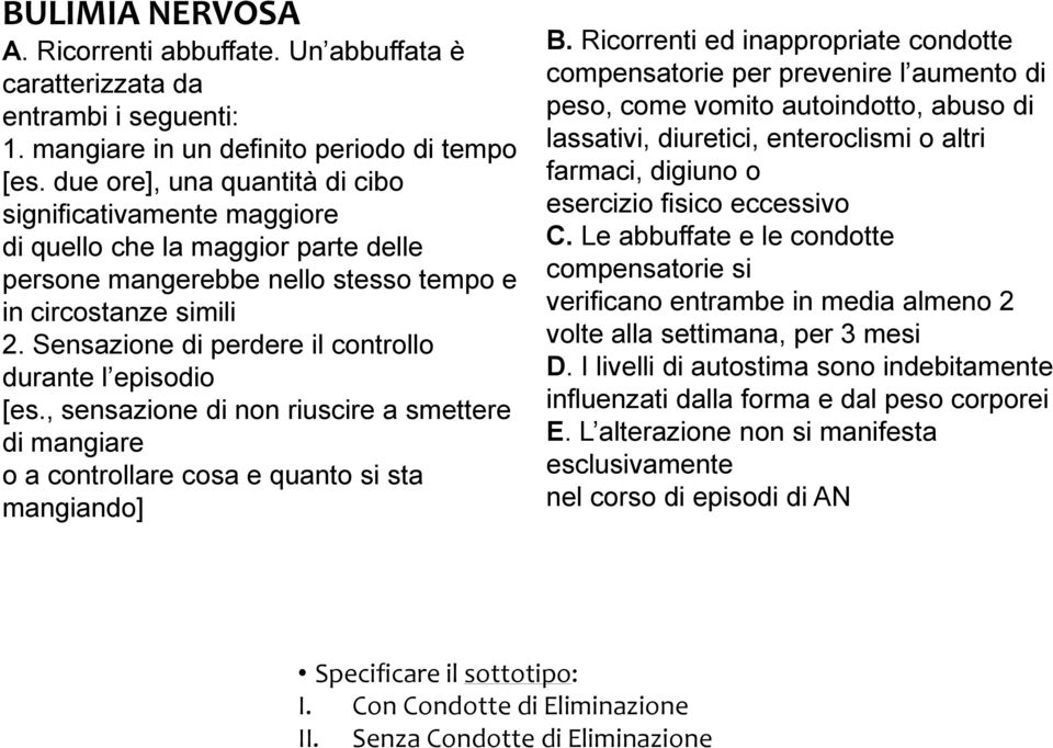 Sensazione di perdere il controllo durante l episodio [es., sensazione di non riuscire a smettere di mangiare o a controllare cosa e quanto si sta mangiando] B.