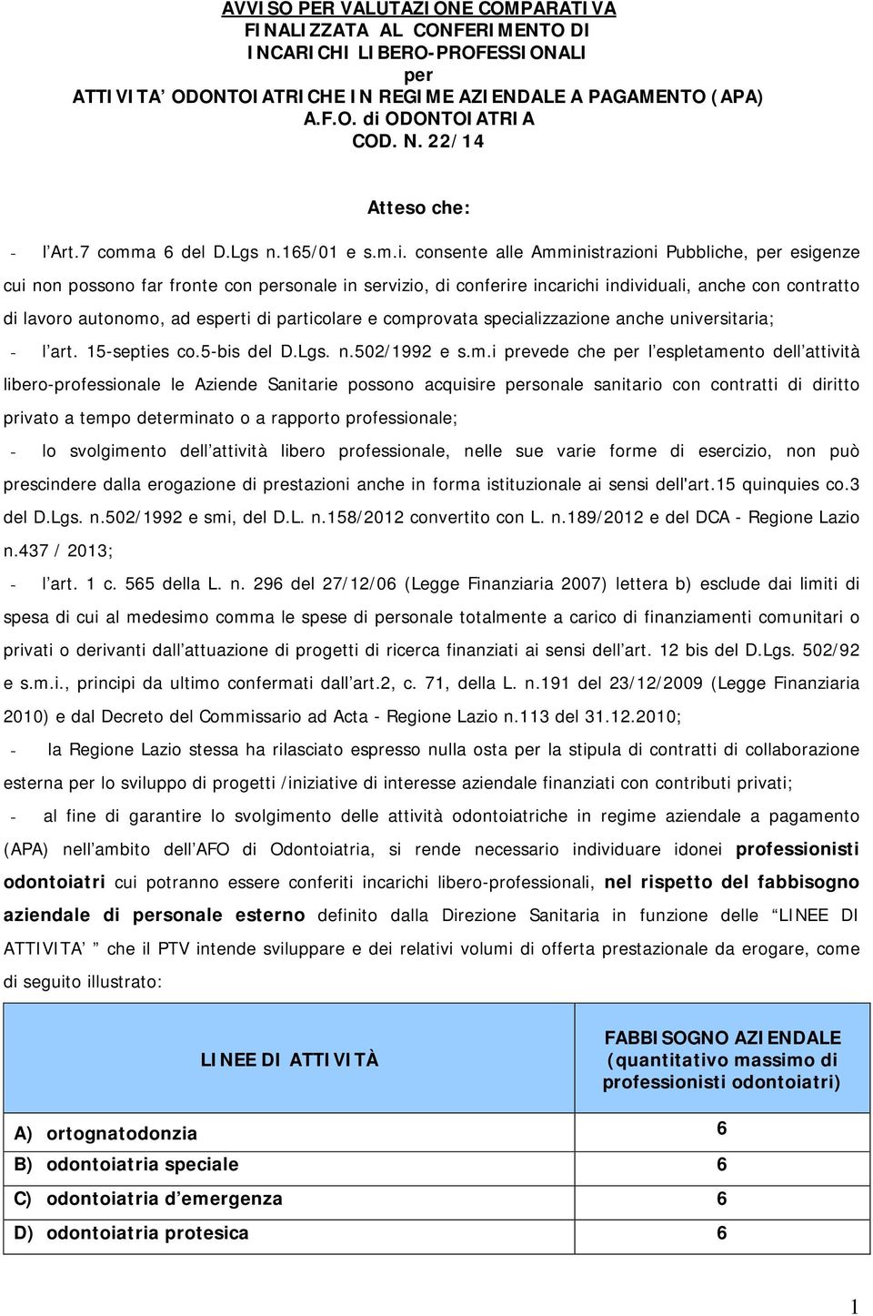 consente alle Amministrazioni Pubbliche, per esigenze cui non possono far fronte con personale in servizio, di conferire incarichi individuali, anche con contratto di lavoro autonomo, ad esperti di