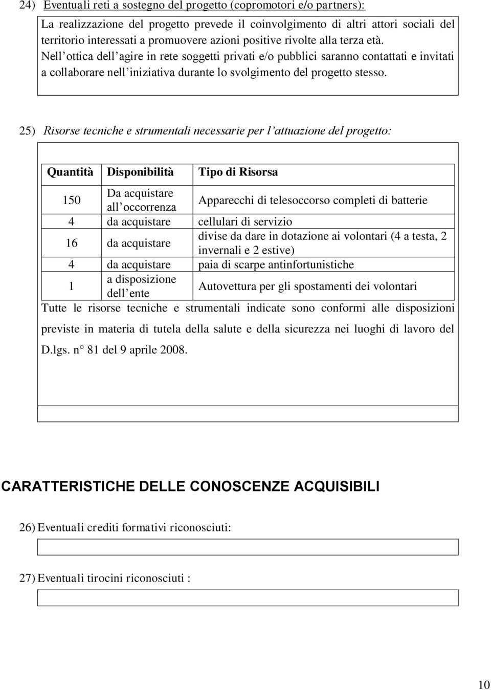 25) Risorse tecniche e strumentali necessarie per l attuazione del progetto: Quantità Disponibilità Tipo di Risorsa 150 Da acquistare all occorrenza Apparecchi di telesoccorso completi di batterie 4