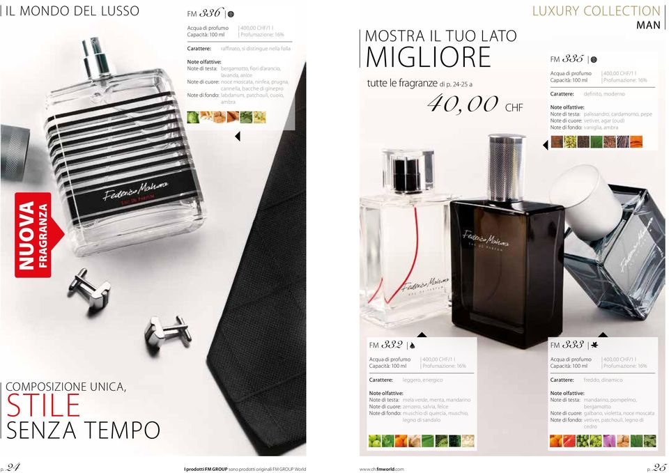 24-25 a 40,00 CHF LUXURY COLLECTION MAN FM 335 Acqua di profumo 400,00 CHF/1 l definito, moderno Note di testa: palissandro, cardamomo, pepe Note di cuore: vetiver, agar (oud) Note di fondo: