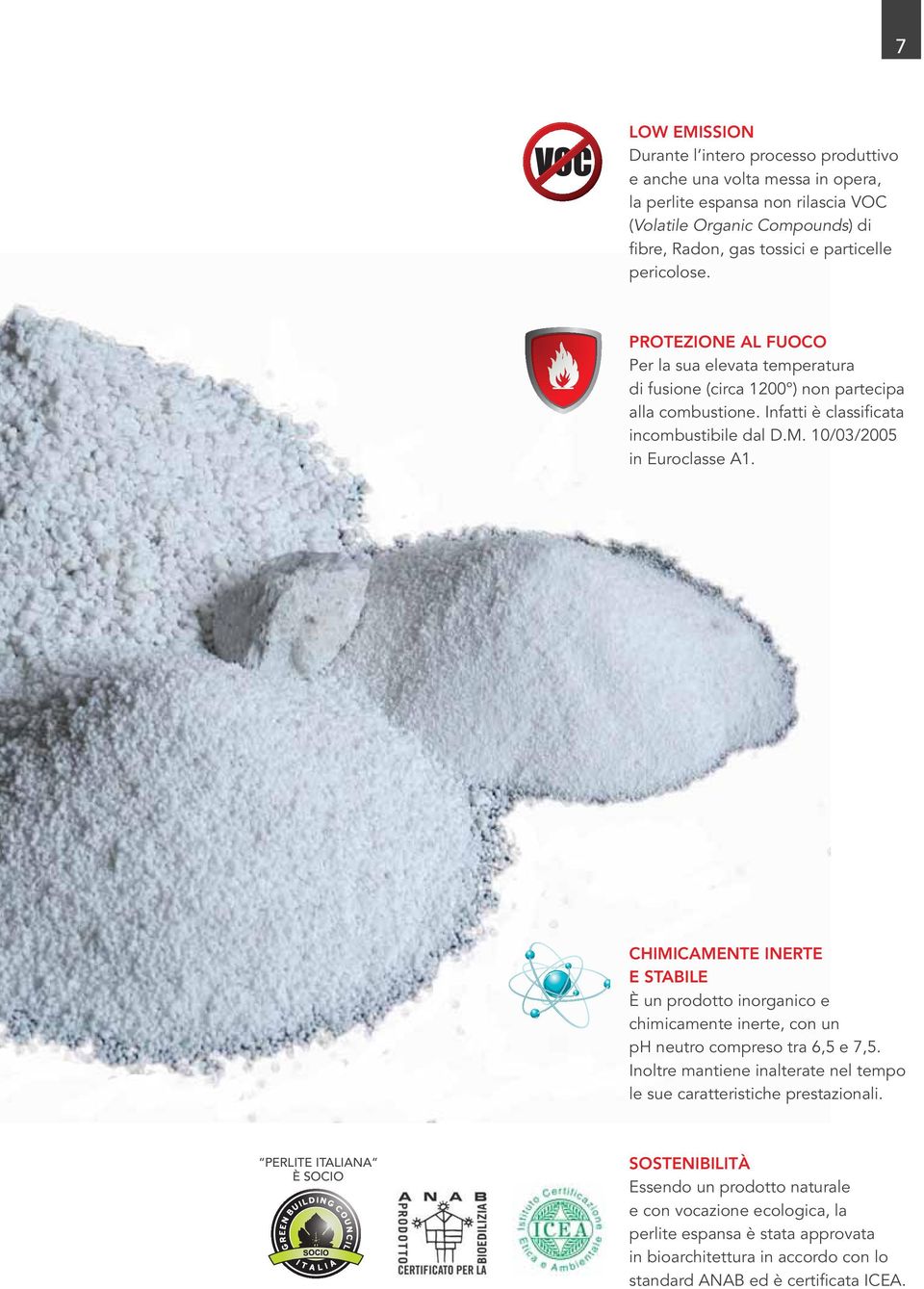 CHIMICAMENTE INERTE E STABILE È un prodotto inorganico e chimicamente inerte, con un ph neutro compreso tra 6,5 e 7,5. Inoltre mantiene inalterate nel tempo le sue caratteristiche prestazionali.