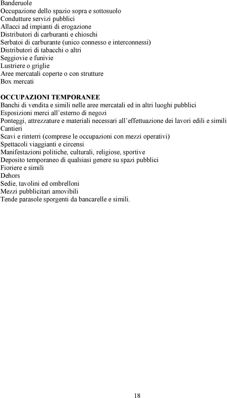 mercatali ed in altri luoghi pubblici Esposizioni merci all esterno di negozi Ponteggi, attrezzature e materiali necessari all effettuazione dei lavori edili e simili Cantieri Scavi e rinterri