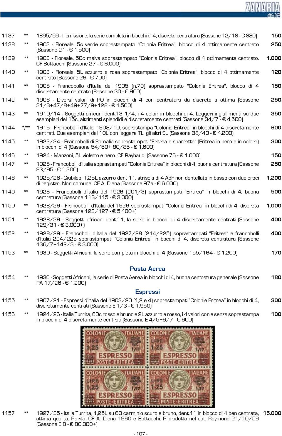 000 1140 ** 1903 - Floreale, 5L azzurro e rosa soprastampato "Colonia Eritrea", blocco di 4 ottimamente centrato (Sassone 29-700) 120 1141 ** 1905 - Francobollo d'italia del 1905 (n.