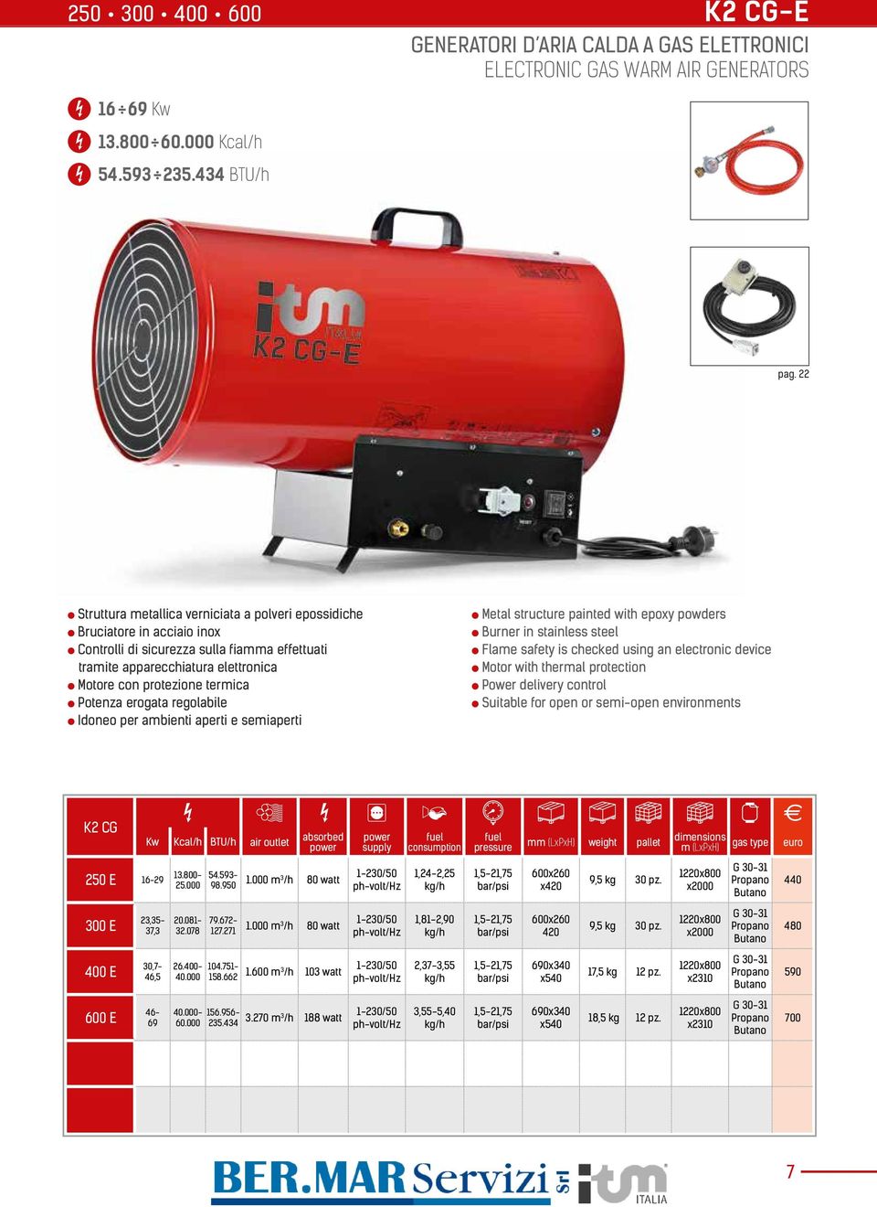 Potenza erogata regolabile Idoneo per ambienti aperti e semiaperti Metal structure painted with epoxy powders Burner in stainless steel Flame safety is checked using an electronic device Motor with