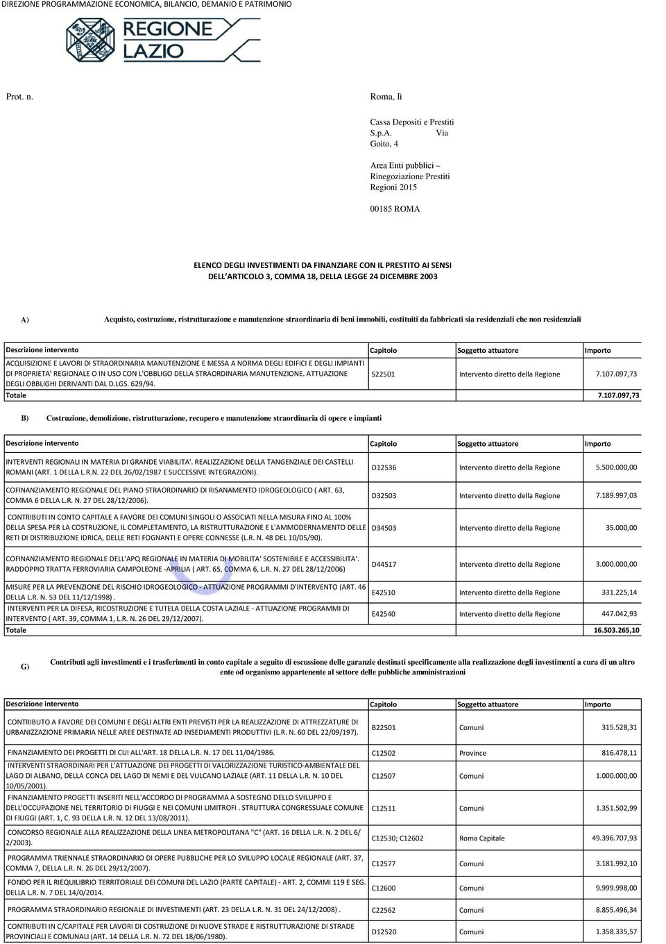 INVESTIMENTI DA FINANZIARE CON IL PRESTITO AI SENSI DELL ARTICOLO 3, COMMA 18, DELLA LEGGE 24 DICEMBRE 2003 A) Acquisto, costruzione, ristrutturazione e manutenzione straordinaria di beni immobili,