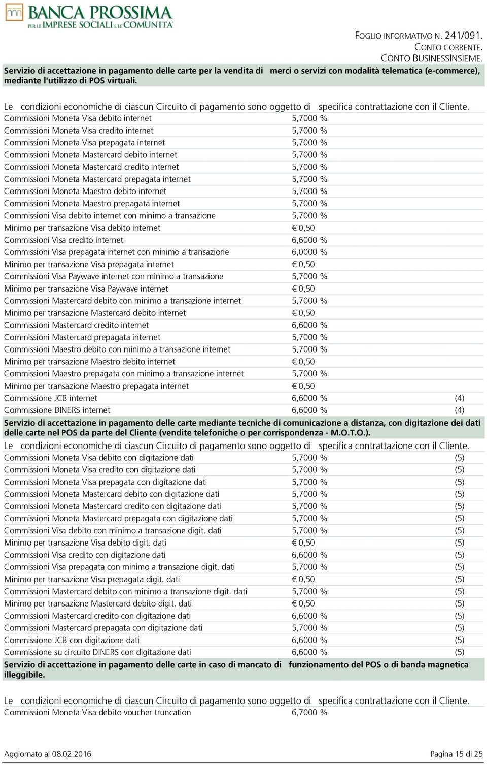 Commissioni Moneta Visa debito internet 5,7000 % Commissioni Moneta Visa credito internet 5,7000 % Commissioni Moneta Visa prepagata internet 5,7000 % Commissioni Moneta Mastercard debito internet