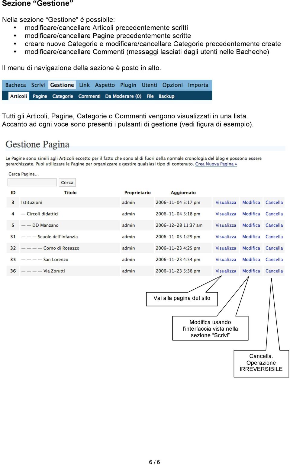 menu di navigazione della sezione è posto in alto. Tutti gli Articoli, Pagine, Categorie o Commenti vengono visualizzati in una lista.