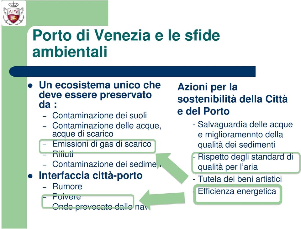 città-porto Rumore Polvere Onde provocate dalle navi Azioni per la sostenibilità della Città e del Porto - Salvaguardia delle