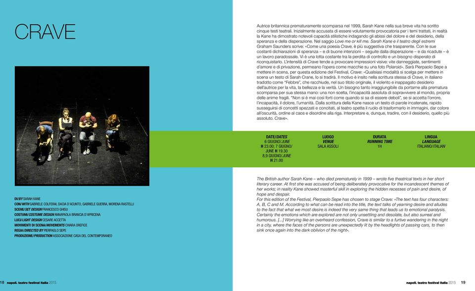 speranza e della disperazione. Nel saggio Love me or kill me. Sarah Kane e il teatro degli estremi Graham Saunders scrive: «Come una poesia Crave, è più suggestiva che trasparente.